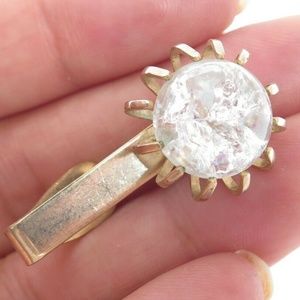 VINTAGE SPARKLY CRACKLED CLEAR GLASS TIE CLASP